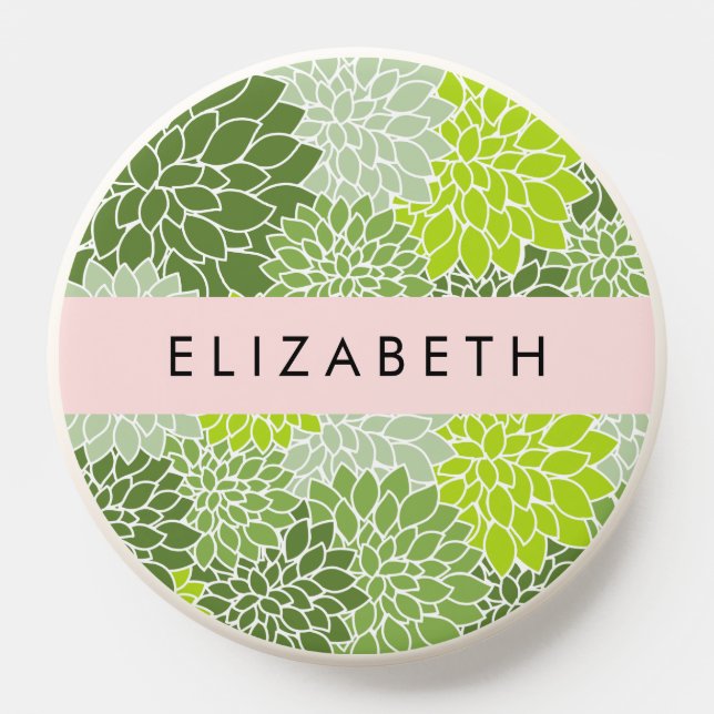 Green Dahlia Flowers, Floral Pattern, Your Name PopSocket (Popsocket)