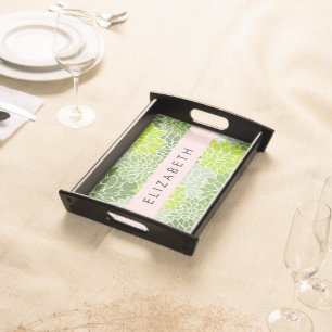 Green Dahlia Flowers, Floral Pattern, Your Name Serving Tray