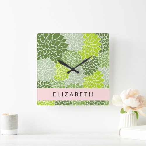 Green Dahlia Flowers Floral Pattern Your Name Square Wall Clock