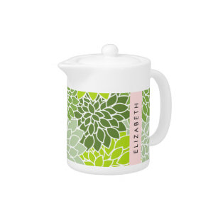 Green Dahlia Flowers, Floral Pattern, Your Name Teapot