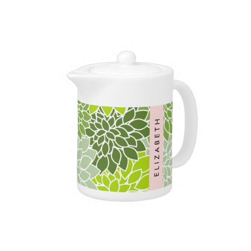 Green Dahlia Flowers Floral Pattern Your Name Teapot