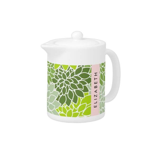 Green Dahlia Flowers, Floral Pattern, Your Name Teapot (Right)