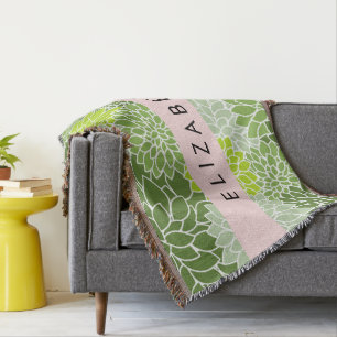 Green Dahlia Flowers, Floral Pattern, Your Name Throw Blanket