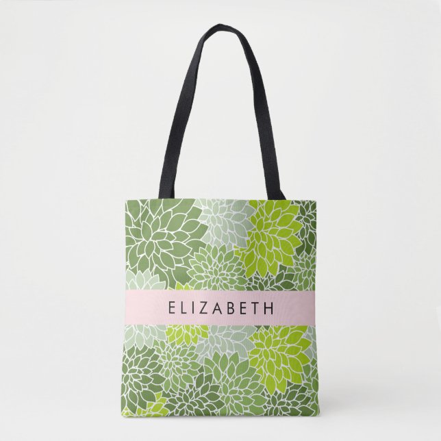 Green Dahlia Flowers, Floral Pattern, Your Name Tote Bag (Front)