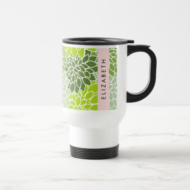 Green Dahlia Flowers, Floral Pattern, Your Name Travel Mug (Right)
