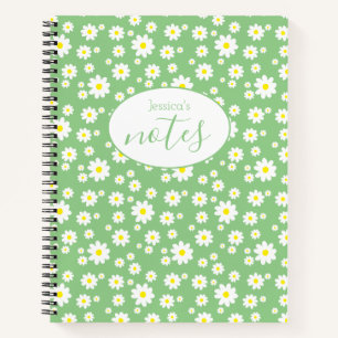 Green Daisy Floral Pattern Custom Name Notebook