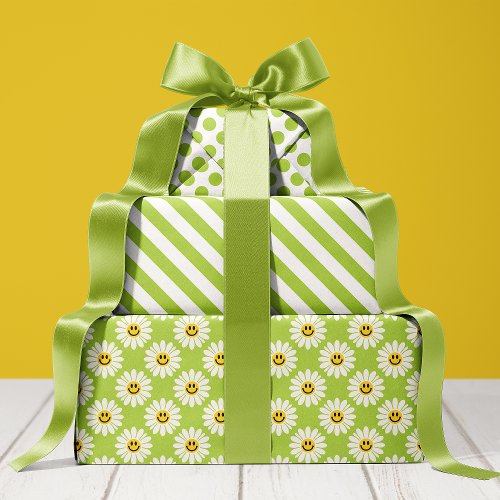 Green Daisy Floral Stripes Polka Dot Wrapping Paper Sheets