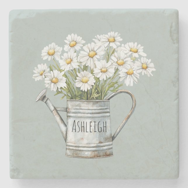 Green Daisy Flowers Stone Coaster (Front)