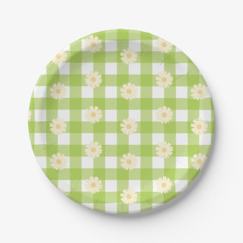 Green Daisy Gingham Pattern Paper Plates
