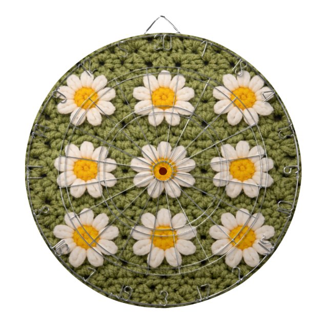 Green Daisy Granny Square Crochet Pattern Floral Dart Board (Front)