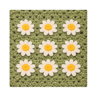 Green Daisy Granny Square Crochet Pattern Floral Metal Print
