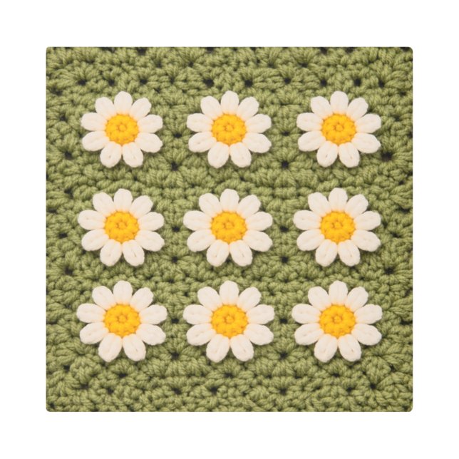 Green Daisy Granny Square Crochet Pattern Floral Metal Print (Front)