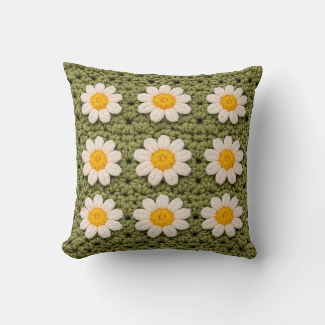 Green Daisy Granny Square Crochet Pattern Floral R Throw Pillow (Front)