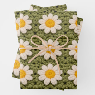 Green Daisy Granny Square Crochet Pattern Floral R Wrapping Paper Sheets