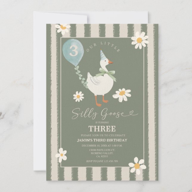 Green Daisy Little Silly Goose Boy 3rd Birthday Invitation (Front)