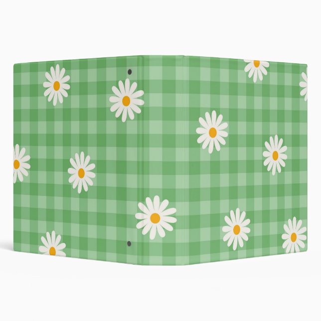 Green Daisy Plaid Gingham Check Flower Pattern 3 Ring Binder (Background)