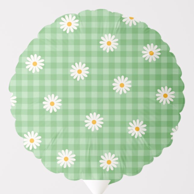 Green Daisy Plaid Gingham Check Flower Pattern Balloon (Front)