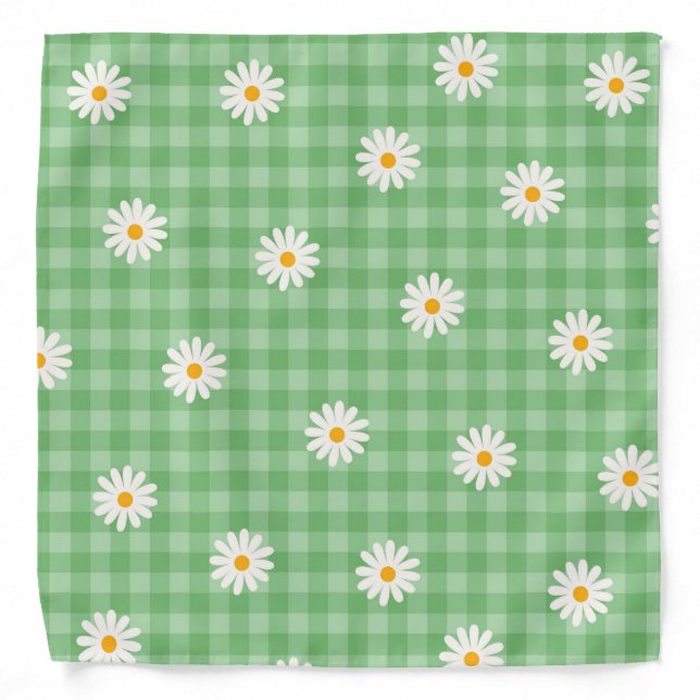 Green Daisy Plaid Gingham Check Flower Pattern Bandana (Front)