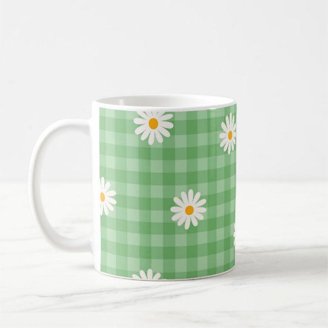Green Daisy Plaid Gingham Check Flower Pattern Coffee Mug (Left)