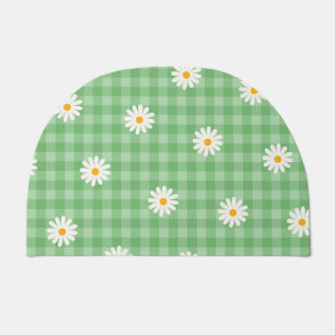 Green Daisy Plaid Gingham Check Flower Pattern Doormat