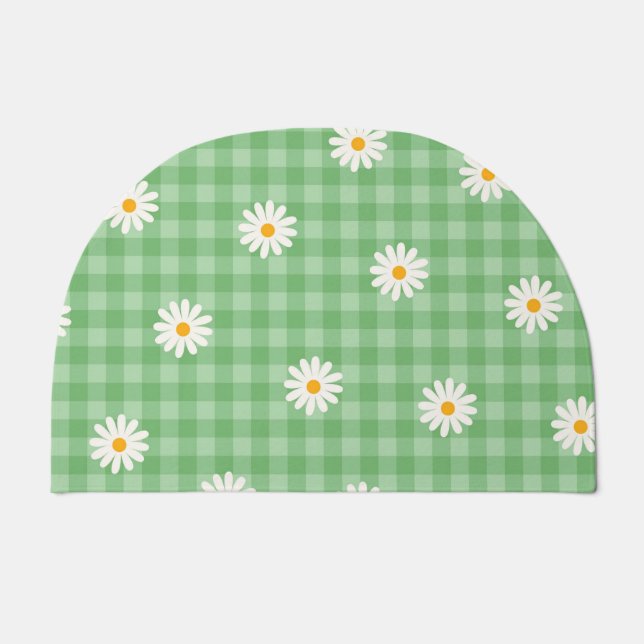 Green Daisy Plaid Gingham Check Flower Pattern Doormat (Front)
