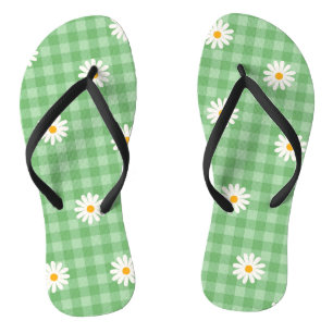 Green Daisy Plaid Gingham Check Flower Pattern Flip Flops