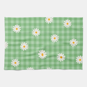 Green Daisy Plaid Gingham Check Flower Pattern Kitchen Towel
