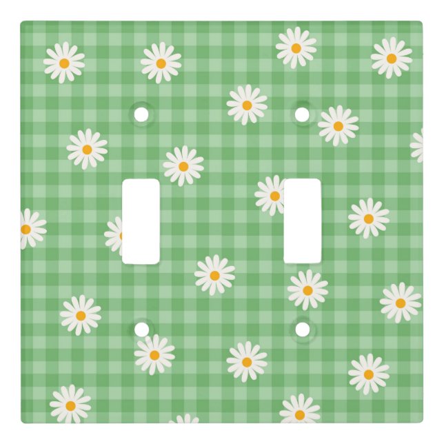 Green Daisy Plaid Gingham Check Flower Pattern Light Switch Cover (Front)
