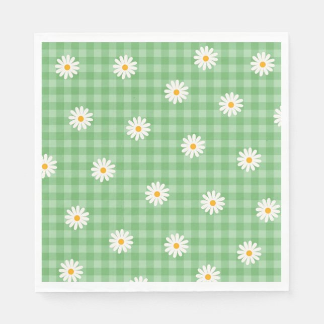 Green Daisy Plaid Gingham Check Flower Pattern Napkins (Front)