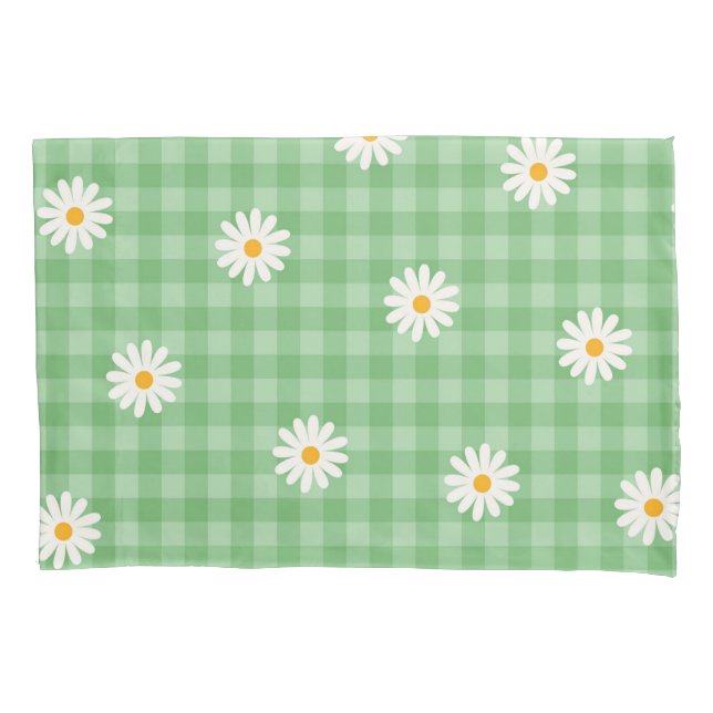 Green Daisy Plaid Gingham Check Flower Pattern Pillow Case (Front)