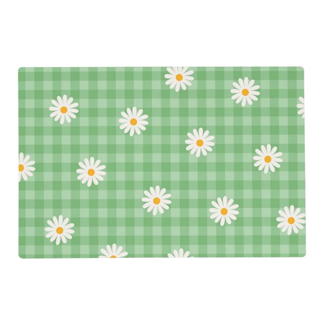 Green Daisy Plaid Gingham Check Flower Pattern Placemat (Front)