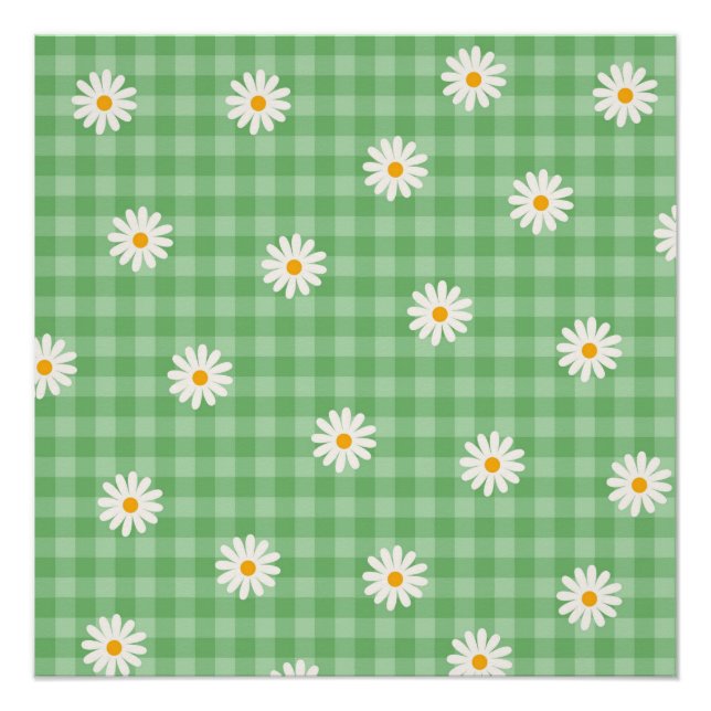 Green Daisy Plaid Gingham Check Flower Pattern Poster (Front)