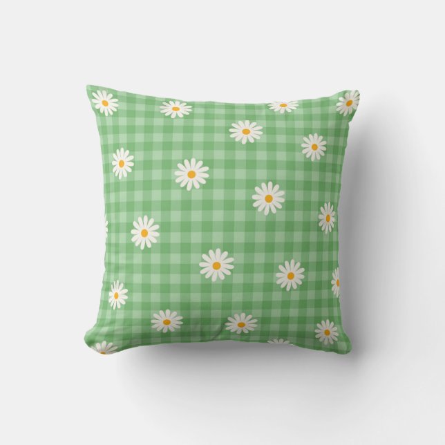 Green Daisy Plaid Gingham Check Flower Pattern Throw Pillow (Front)