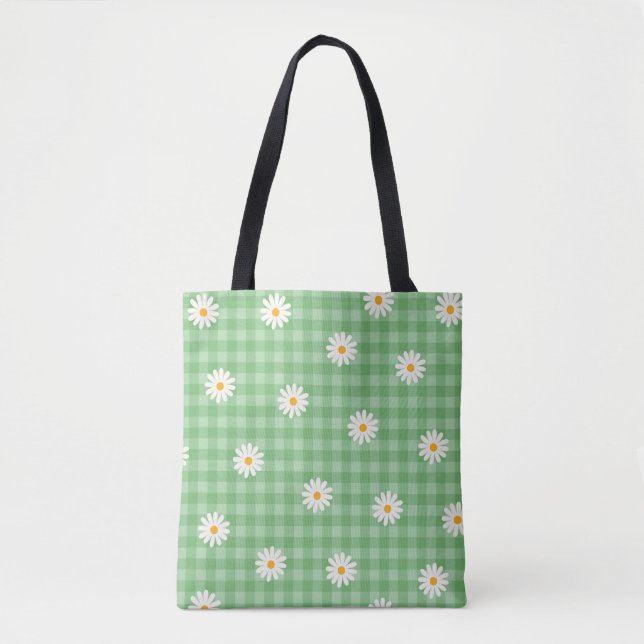Green Daisy Plaid Gingham Check Flower Pattern Tote Bag (Front)
