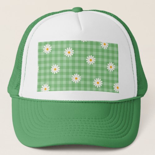 Green Daisy Plaid Gingham Check Flower Pattern Trucker Hat