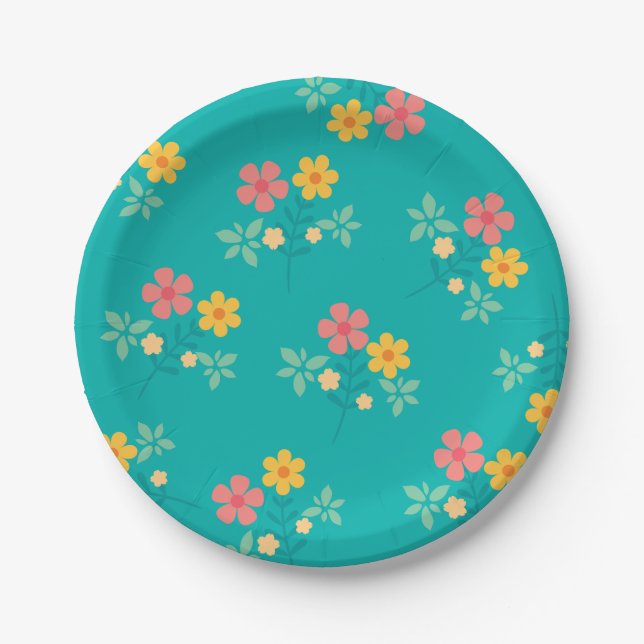 Green Daisy Vintage Bouquet Pattern Paper Plates (Front)