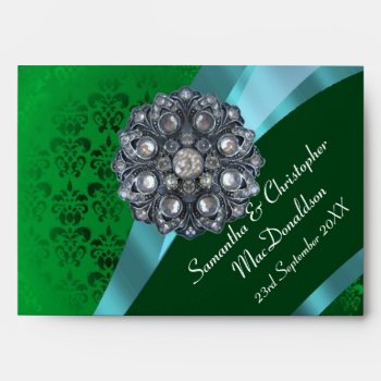Green Damask And Crystal Rhinestone Envelope by personalized_wedding at Zazzle