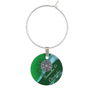 Green damask and gold fleur de lys wine glass charm