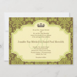 Green Damask And Monogram Wedding Invitations