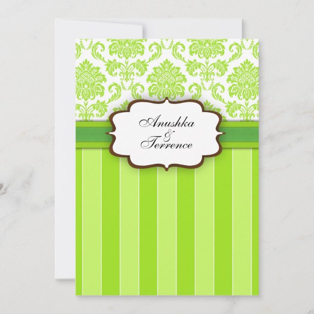 Green Damask and Stripes Wedding Invitation (Front)