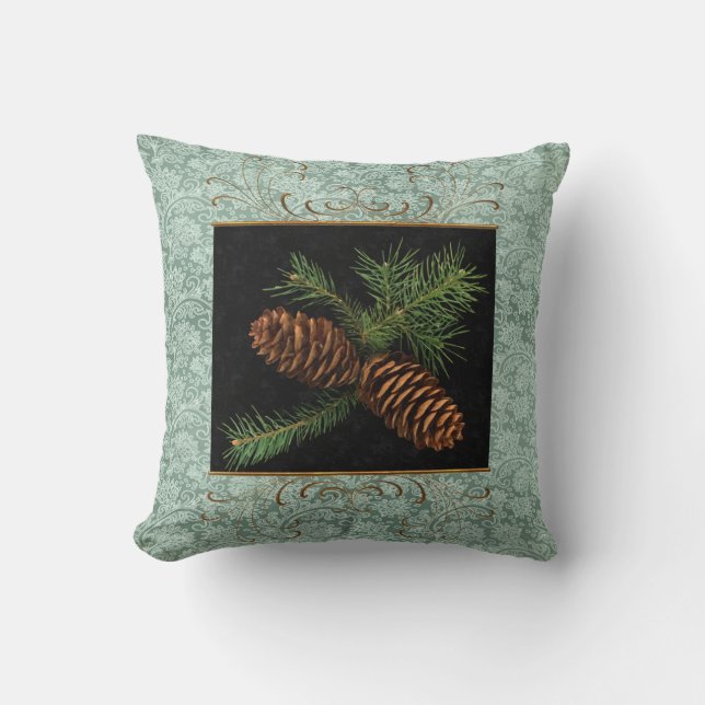 Green Damask and Watercolor Pine Cones Throw Pillow (Front)