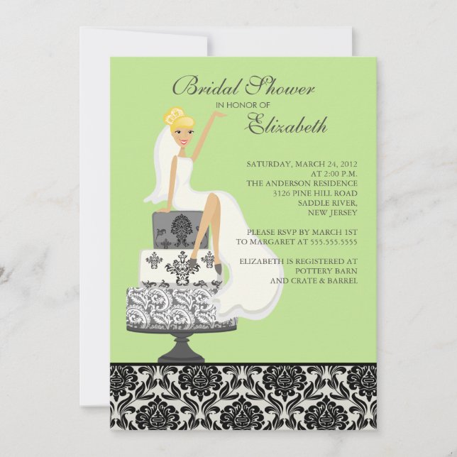 Green Damask Blonde Bride Bridal Shower Invitation (Front)