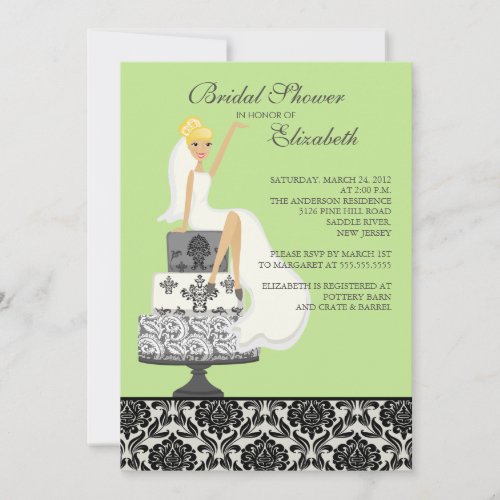 Green Damask Blonde Bride Bridal Shower Invitation