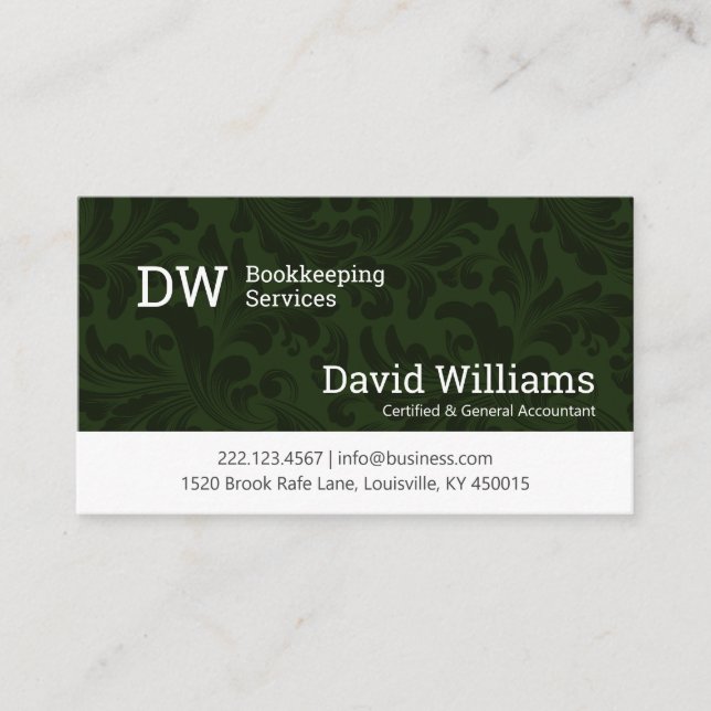 Green Damask Bookkeeping/Accounting Business Card (Front)