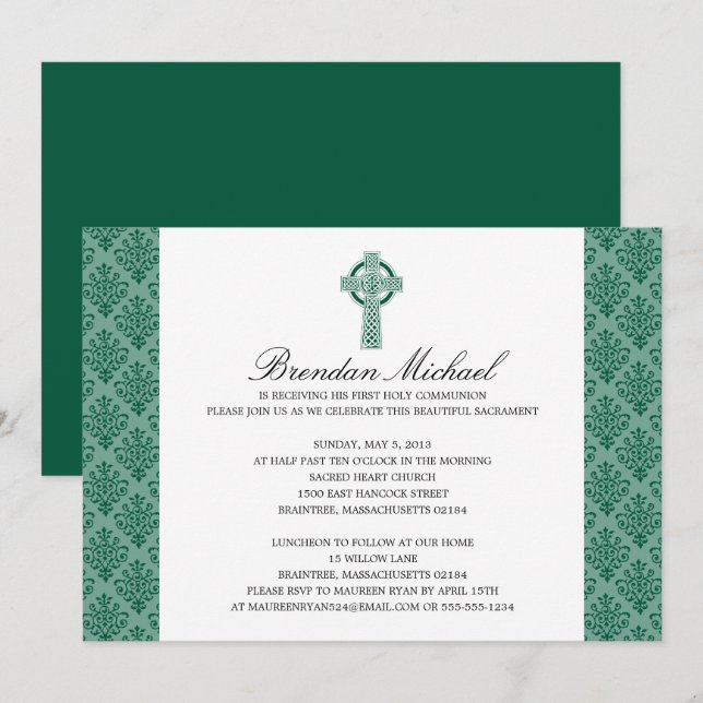 Green Damask Celtic Cross First Communion Invitation (Front/Back)