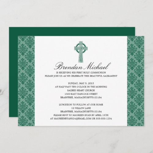 Green Damask Celtic Cross First Communion Invitation