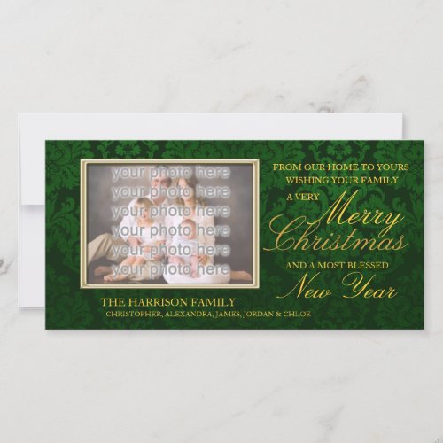 Green Damask Christmas Holiday Card - A wonderful way to send your Christmas greetings this year, with this beautiful damask print photo Christmas Card.