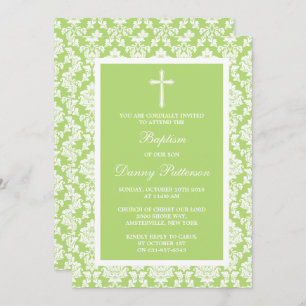 Green Damask Cross Baptism Or Christening Invitation