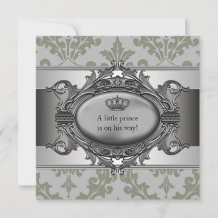 Green Damask Crown Little Prince Boy Baby Shower Invitation