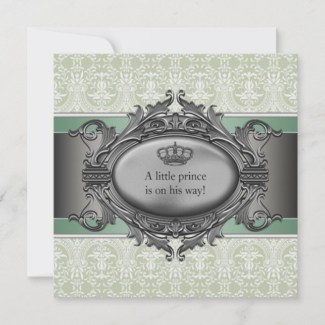 Green Damask Crown Little Prince Boy Baby Shower Invitation (Front)